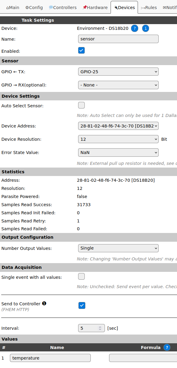 screenshot: DS18b20 sensor. 'GPIO ← TX' on GPIO-25